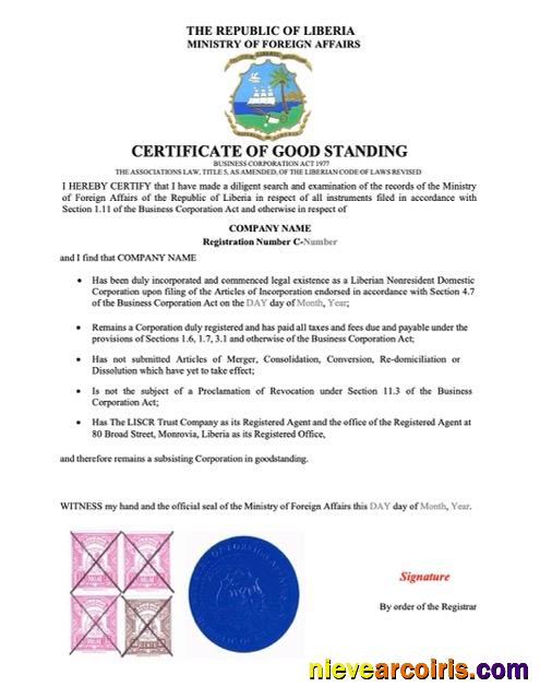 Liberia certificate of good standing